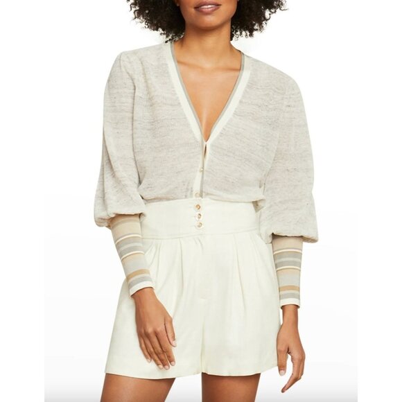 Veronica Beard Mott Linen Cardigan Beige Gray XS Designer Contrast Trim Ribbed - Picture 3 of 16